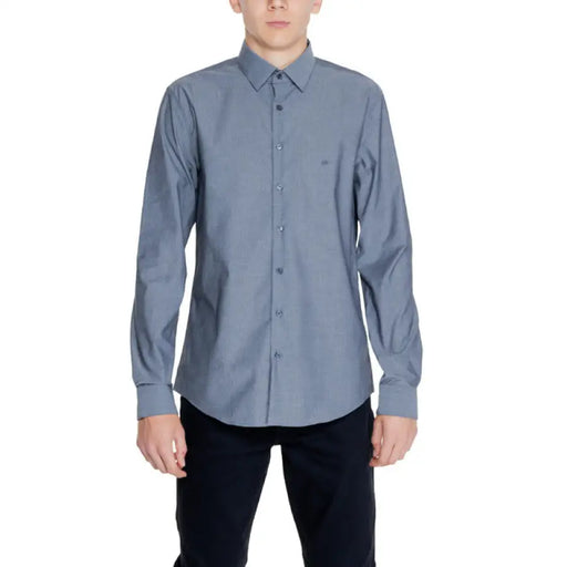 Calvin Klein Men Shirt: Blue-gray button-up dress shirt with collar and long sleeves