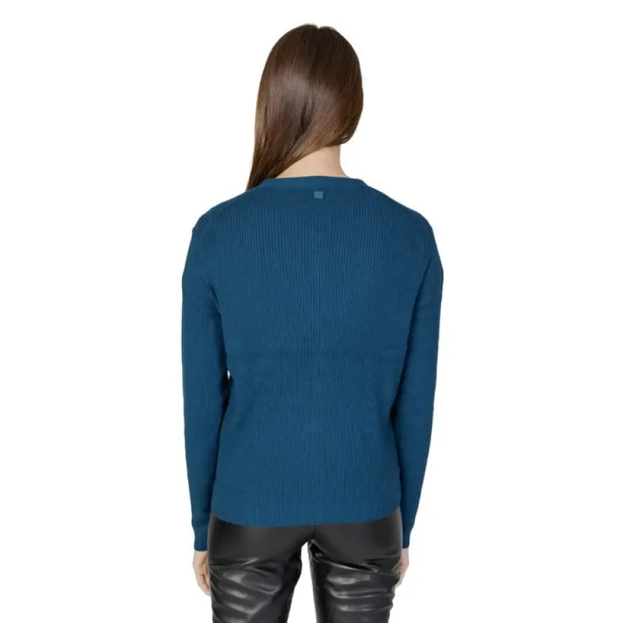 Street One Women Cardigan: Blue knit sweater worn by a person with long brown hair, back view