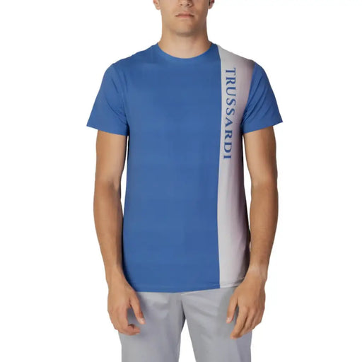 Blue Trussardi Beachwear men’s t-shirt with grey stripe and logo text