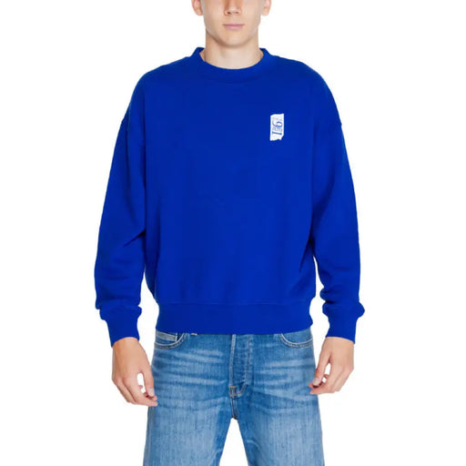 Bright blue crewneck sweatshirt with white patch on chest - Replay Men Sweatshirts