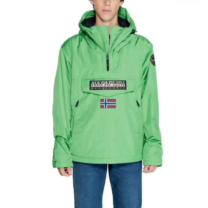 Bright green Napapijri men jacket featuring Norwegian flag patch and logo