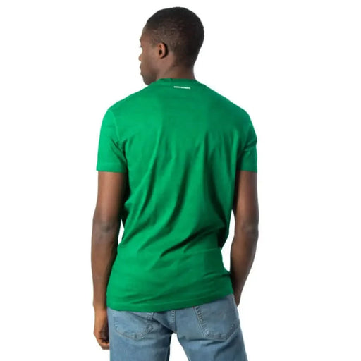 Bright green Dsquared men’s t-shirt worn by a person, viewed from behind