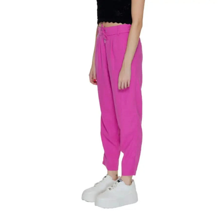 Bright pink high-waisted trousers with drawstring waist - Only Women Trousers