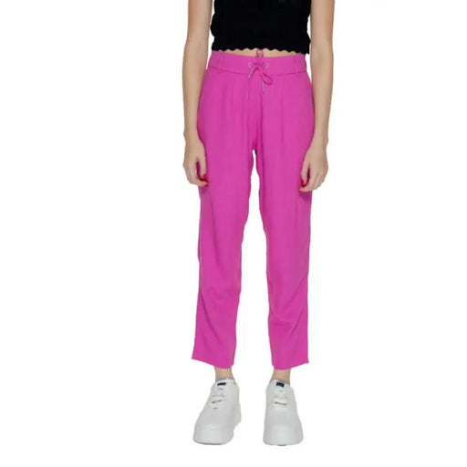 Bright pink relaxed fit drawstring pants with straight legs by Only - Only Women Trousers