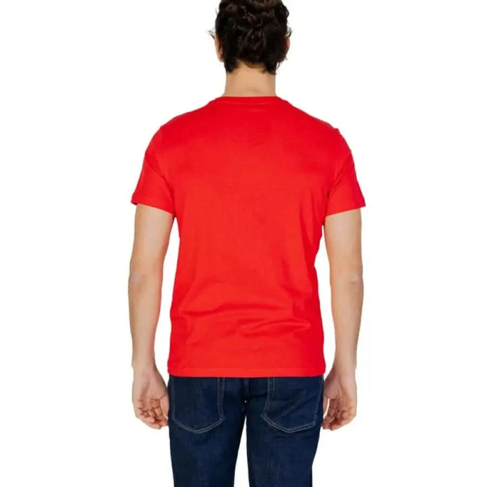 Back view of person wearing Emporio Armani Men T-Shirt in bright red color