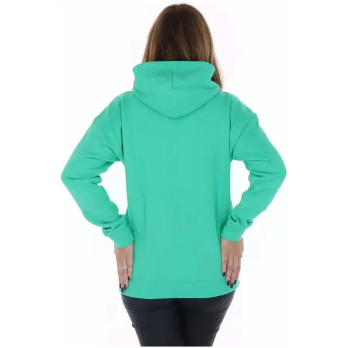 Adidas women’s bright turquoise hooded sweatshirt shown from the back view