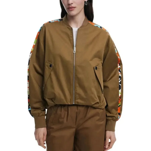 Brown bomber jacket with patterned sleeves from Desigual Women’s Spring/Summer collection