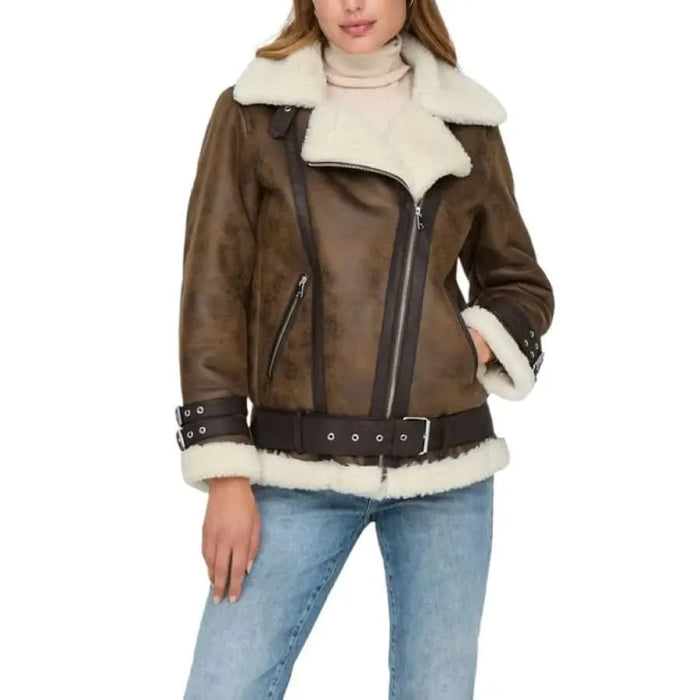 Brown faux leather aviator jacket with white sherpa lining and belt from Only Women