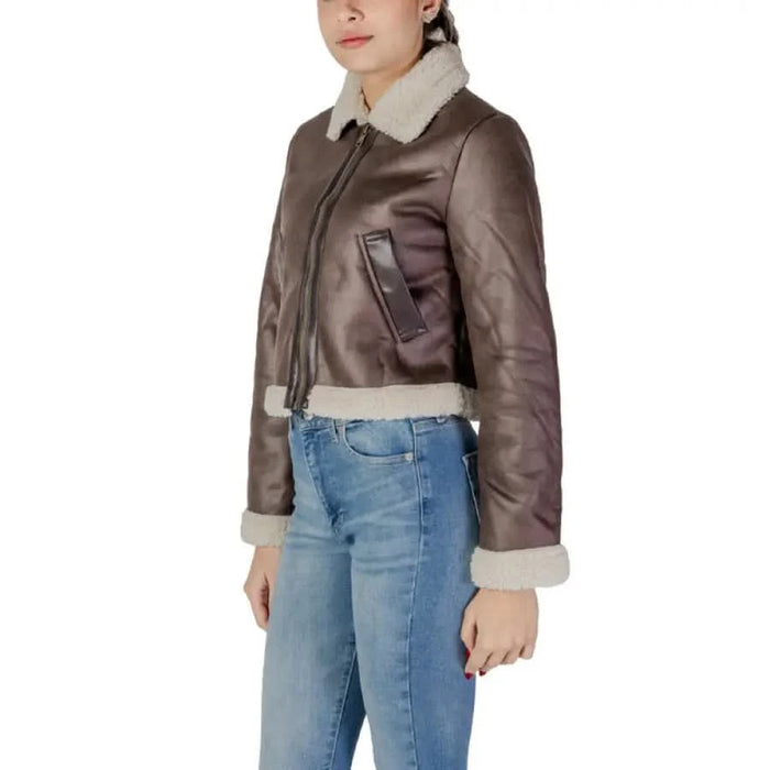 Brown faux leather bomber jacket with sherpa collar and cuffs by Only Women Jacket