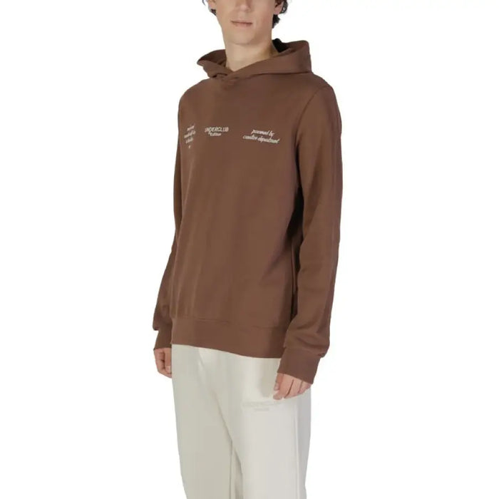 Brown hooded sweatshirt for men featuring minimal text graphics by Underclub