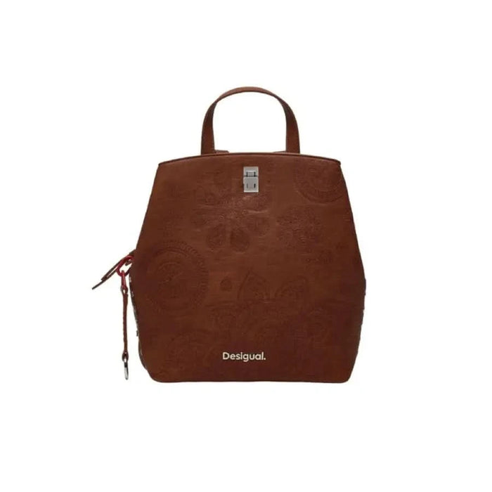 Brown leather Desigual backpack with top handle and distinctive branding