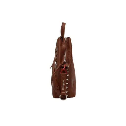 Brown leather handbag with studded details and zipper closure by Desigual