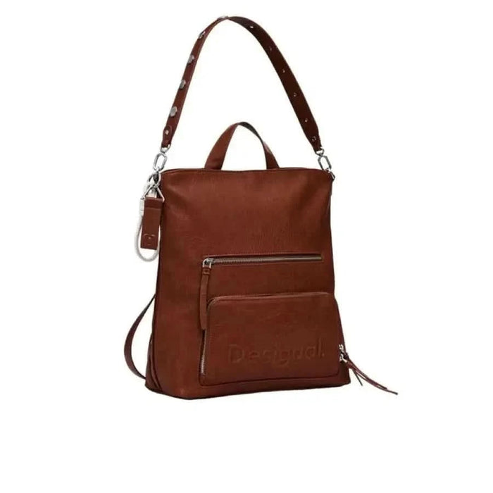 Brown leather Desigual handbag featuring multiple pockets and an adjustable strap