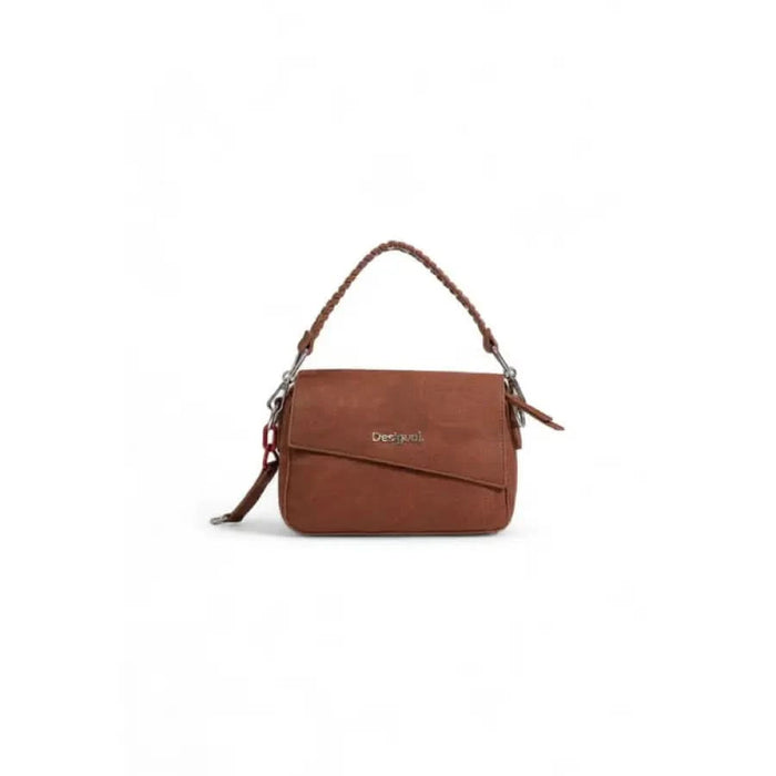 Brown leather handbag with single strap and gold-toned hardware by Desigual Women Bag