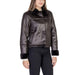 Brown leather jacket with black fur trim and button closures by Jacqueline De Yong