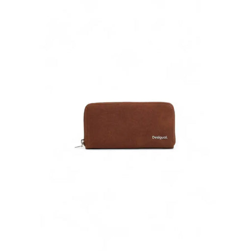 Brown leather wallet with zipper closure featuring Desigual branding for women