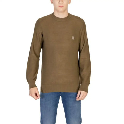 Brown long-sleeve crewneck sweater with patch from Boss Men Knitwear collection