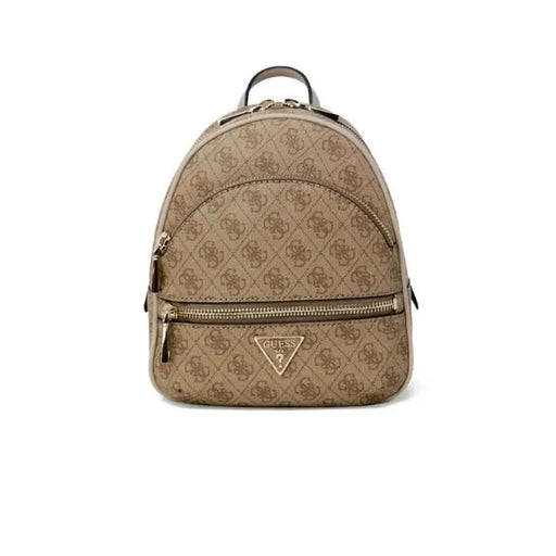 Brown patterned Guess backpack featuring gold-toned hardware and zipper details