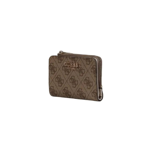 Brown patterned Guess Women Wallet featuring a zipper closure and sleek design