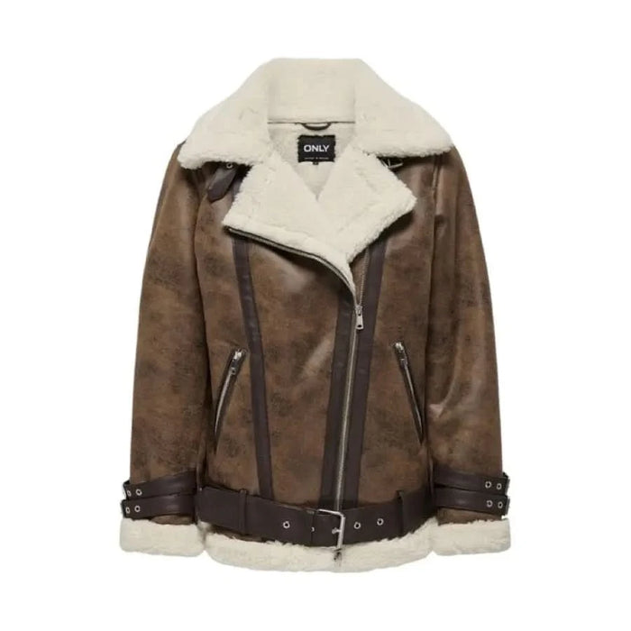 Brown suede aviator jacket with white shearling trim by Only for women