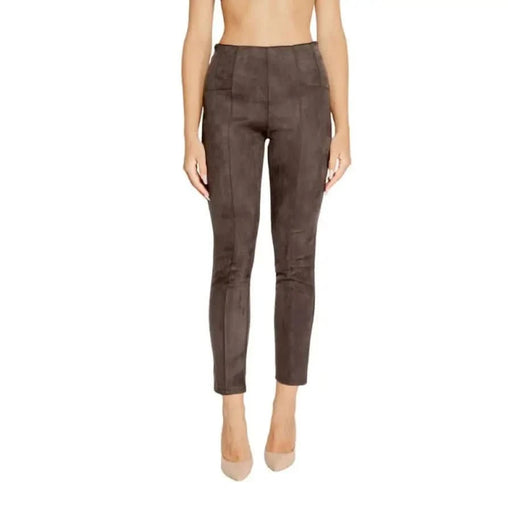 Brown suede-like high-waisted leggings worn by a model featuring Street One Women Trousers