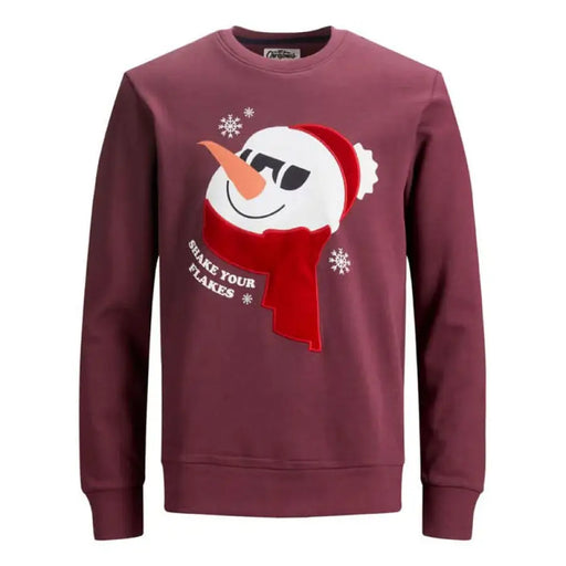 Burgundy Christmas sweater with snowman in sunglasses and red scarf from Jack & Jones