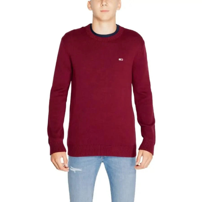 Burgundy crew neck sweater with logo from Tommy Hilfiger Men’s Knitwear collection