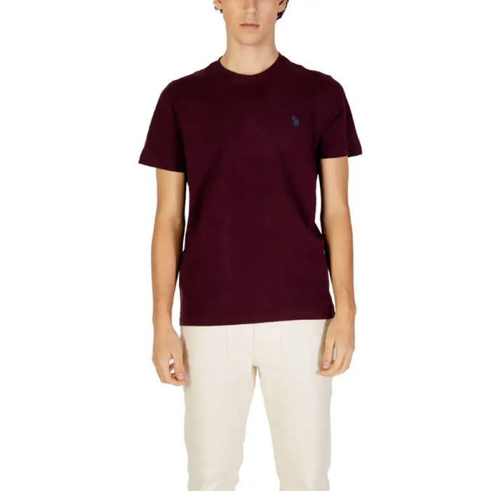 Burgundy crew neck t-shirt with navy polo player logo from U.S. Polo Assn. Men’s collection