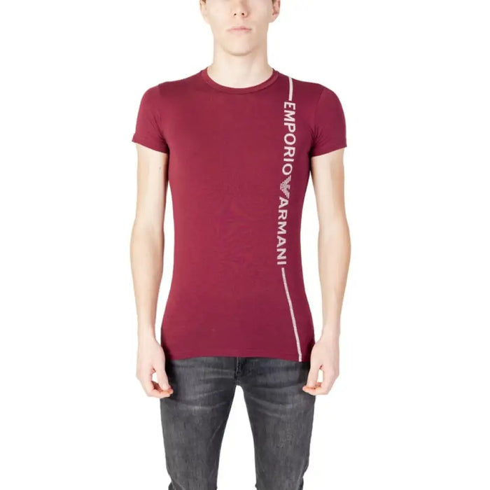 Burgundy Emporio Armani Men T-Shirt featuring vertical white text along the side