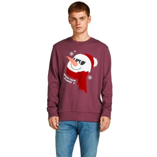 Burgundy holiday sweatshirt with snowman design and snowflakes from Jack & Jones Men Knitwear