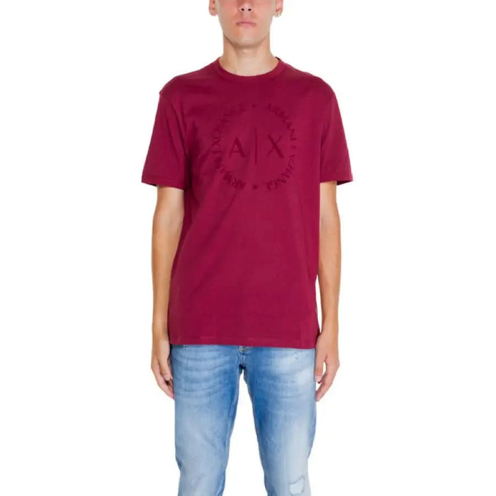 Burgundy Armani Exchange Men T-Shirt featuring a circular logo design