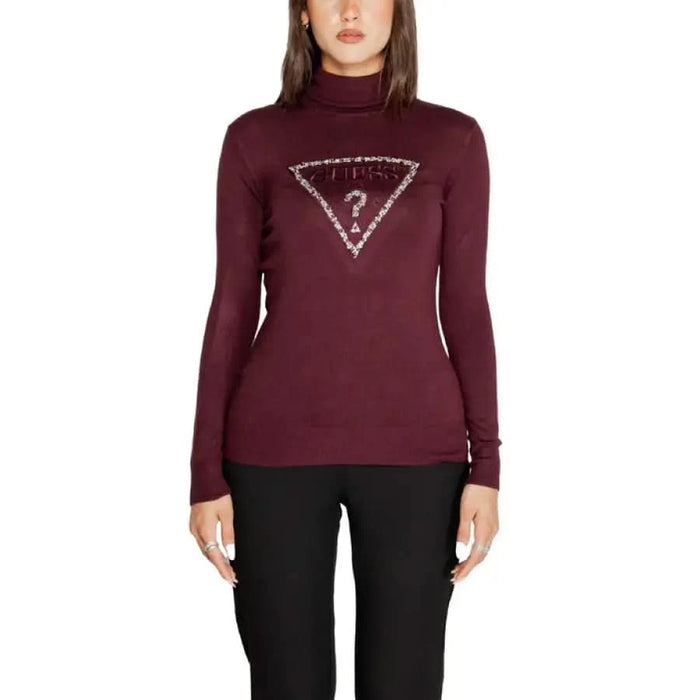 Burgundy turtleneck sweater with triangular logo and question mark from Guess Women Knitwear