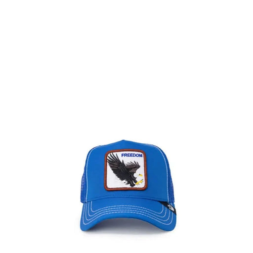 Close-up of blue Goorin Bros Men Cap with bird patch