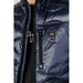 Blauer Blauer men jacket close-up, man in blue jacket with black hood.