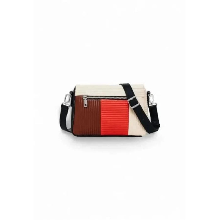 Colorblock crossbody bag in red, brown, and cream by Desigual with a black strap