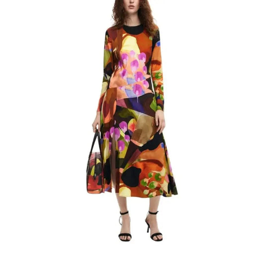 Colorful abstract-patterned long-sleeved Desigual midi dress with flared skirt