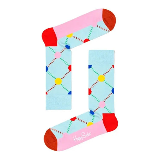 Colorful geometric patterned socks with contrasting heel and toe from Happy Socks