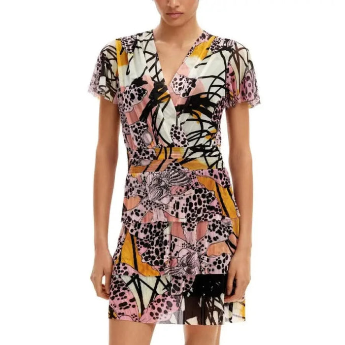 Colorful patterned wrap dress with short sleeves and V-neckline from Desigual