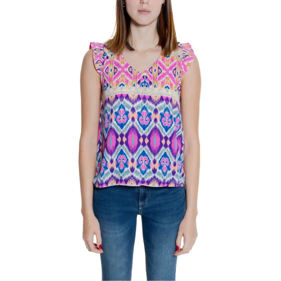 Colorful, vibrant geometric ikat-pattern sleeveless top from Only Women’s Undershirt collection