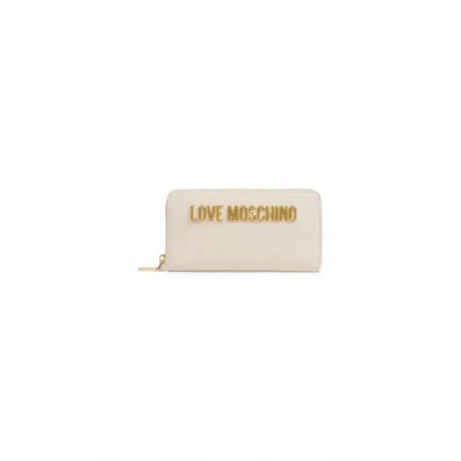 Cream-colored Love Moschino wallet with gold lettering and zipper for women