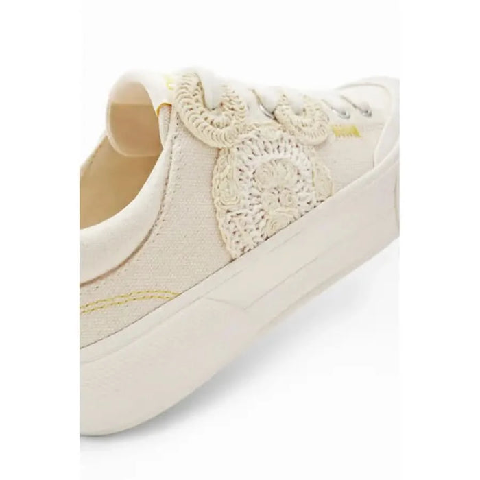 Desigual Women Cream Sneaker with Intricate Lace-Like Embroidery on the Side