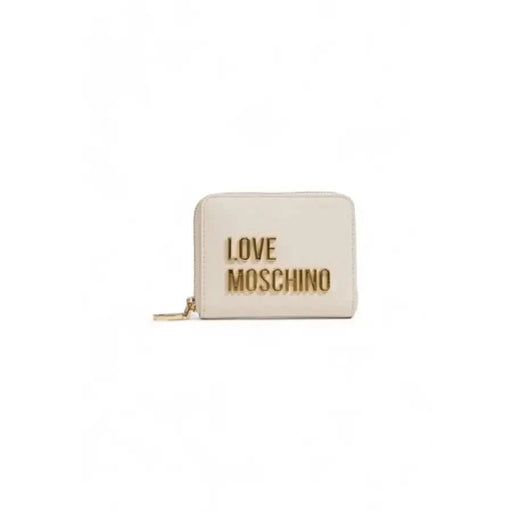 Cream-colored wallet featuring gold Love Moschino lettering on the front