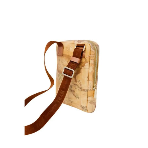 Alviero Martini Prima Classe Beige Cross Body Bag with map print and brown leather strap