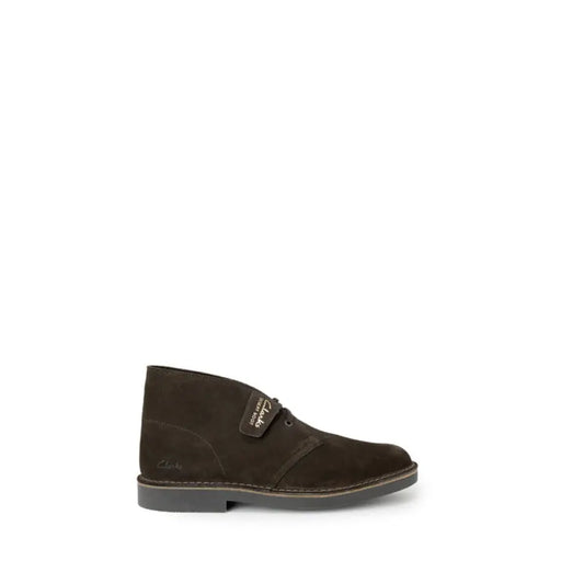 Dark brown suede Clarks Men Boots featuring a single buckle closure