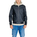 Dark gray leather bomber jacket with light-colored hood by Jack & Jones