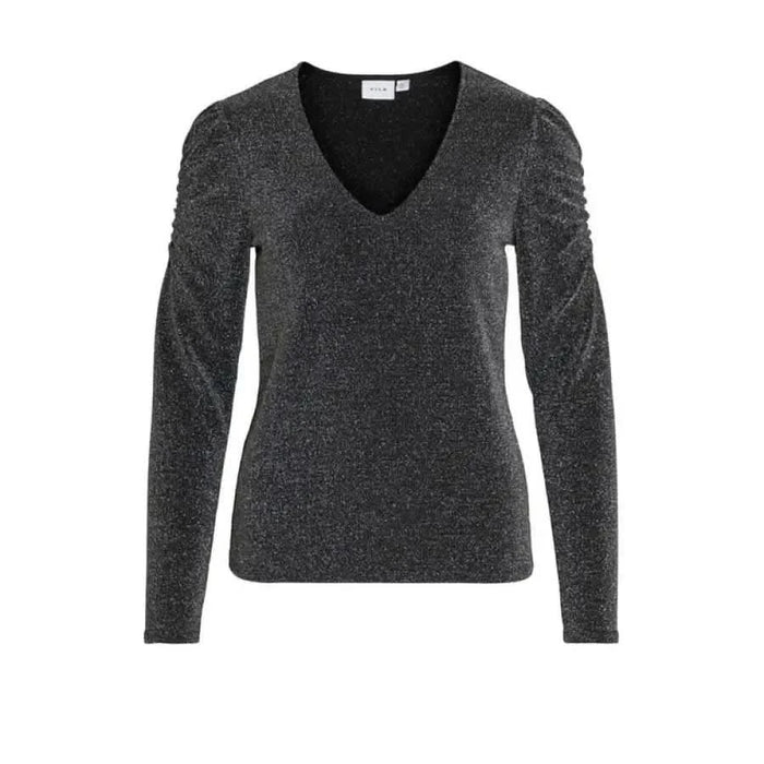 Dark gray long-sleeved V-neck top with ruched shoulders from Vila Clothes Women T-Shirt