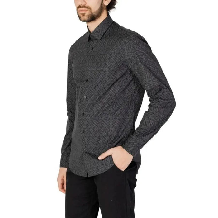 Dark gray patterned button-up shirt worn by a bearded man, Calvin Klein Men Shirt