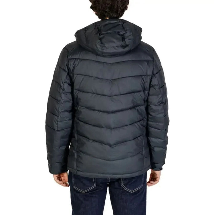 Dark gray puffy winter jacket with a hood from the back, Columbia Men Jacket