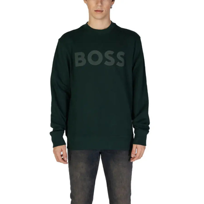 Dark green BOSS text sweatshirt for men in long round neck cotton design