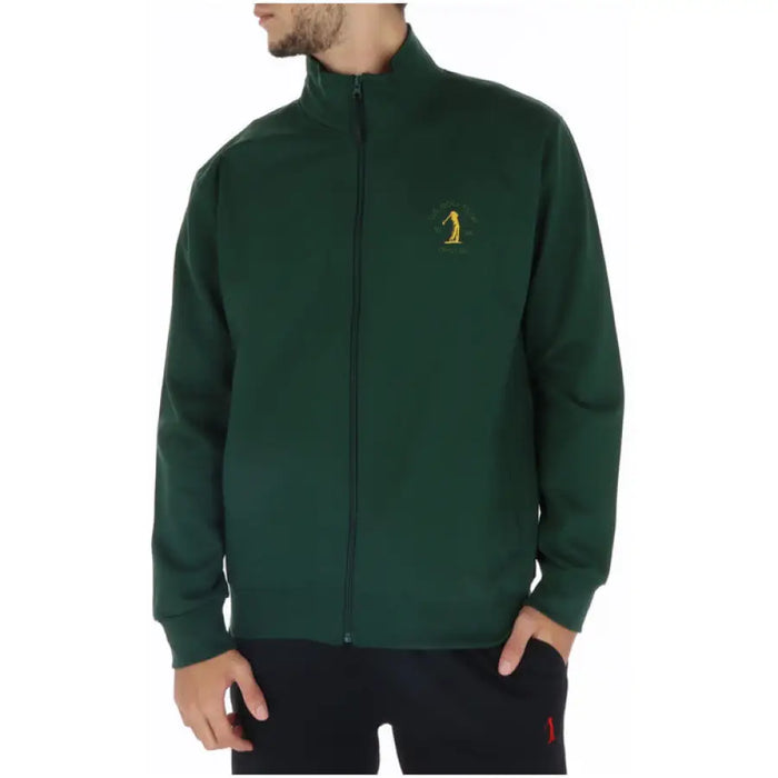 Dark green zip-up jacket featuring a yellow embroidered logo from U.S. Sweatshirts Collection